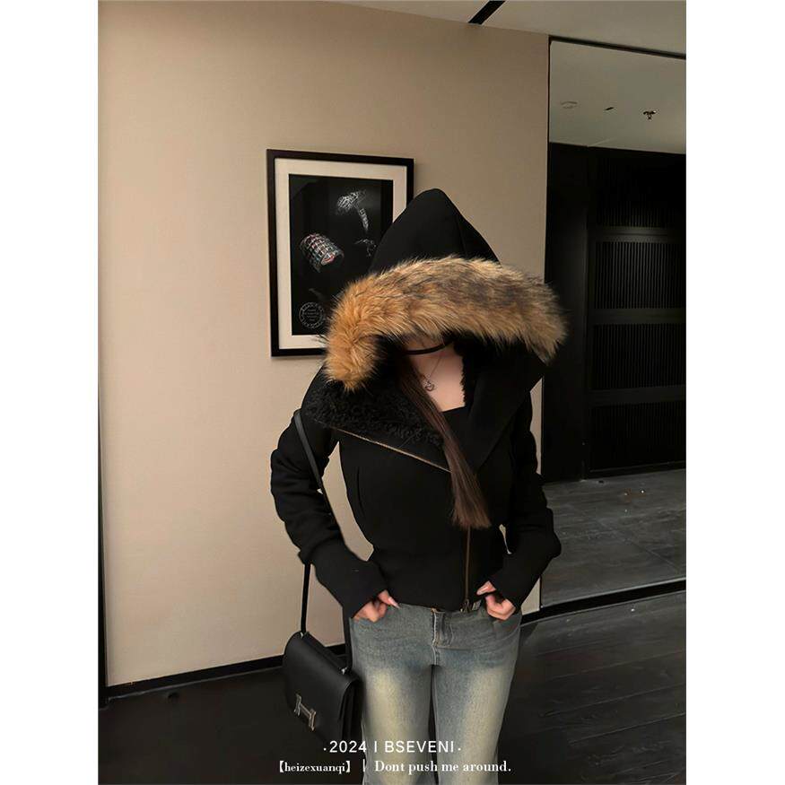 黑泽玄七微胖mm2025秋冬新款显瘦美式加厚加绒连帽毛领短款外套女