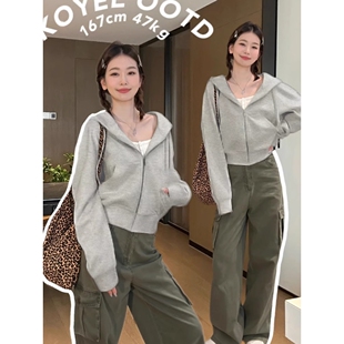 灰色短款连帽卫衣拉链初秋外套女春秋修身小个子韩系开衫上衣早春