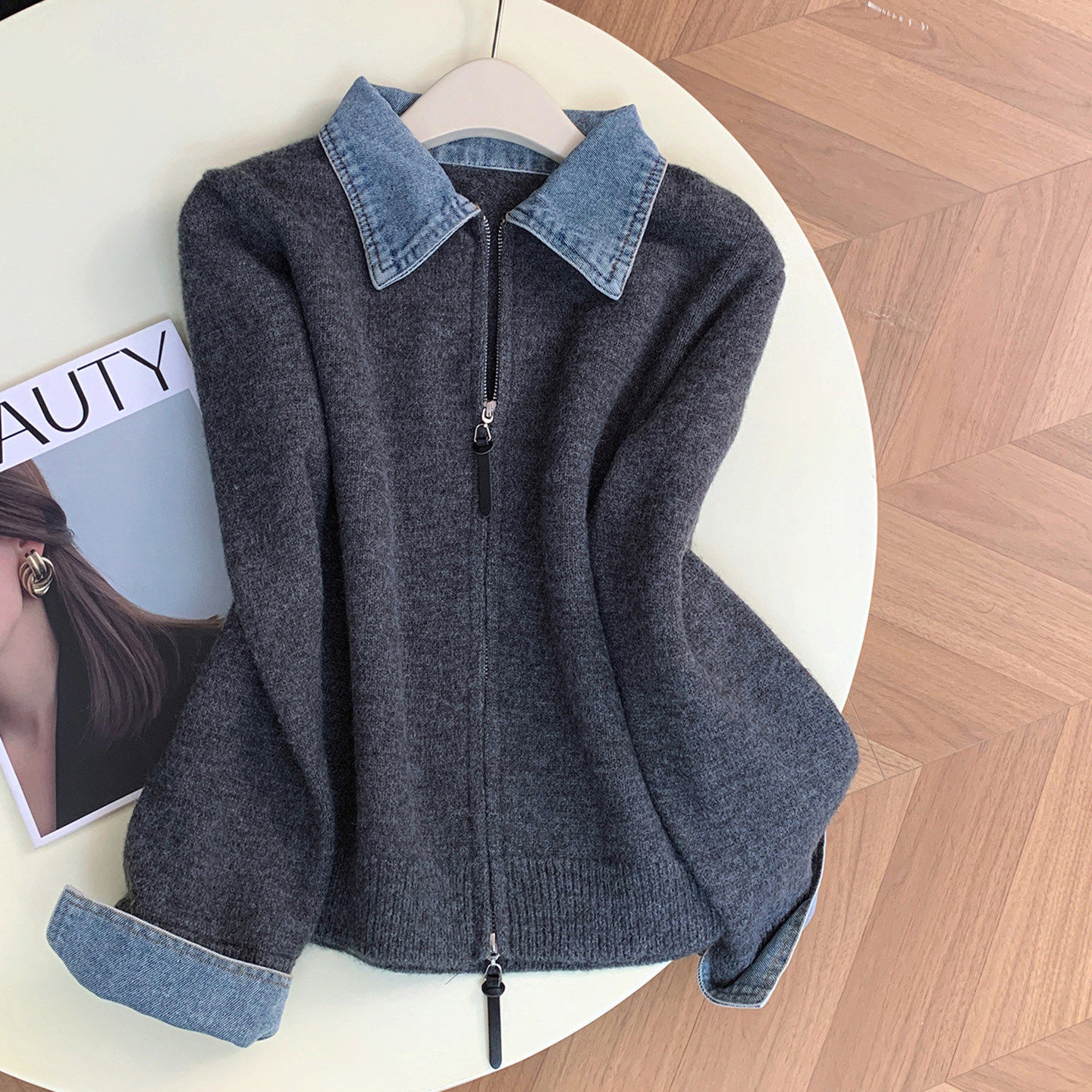翻领长袖牛仔拼接双拉链针织开衫女秋冬新款慵懒风百搭假两件毛衣