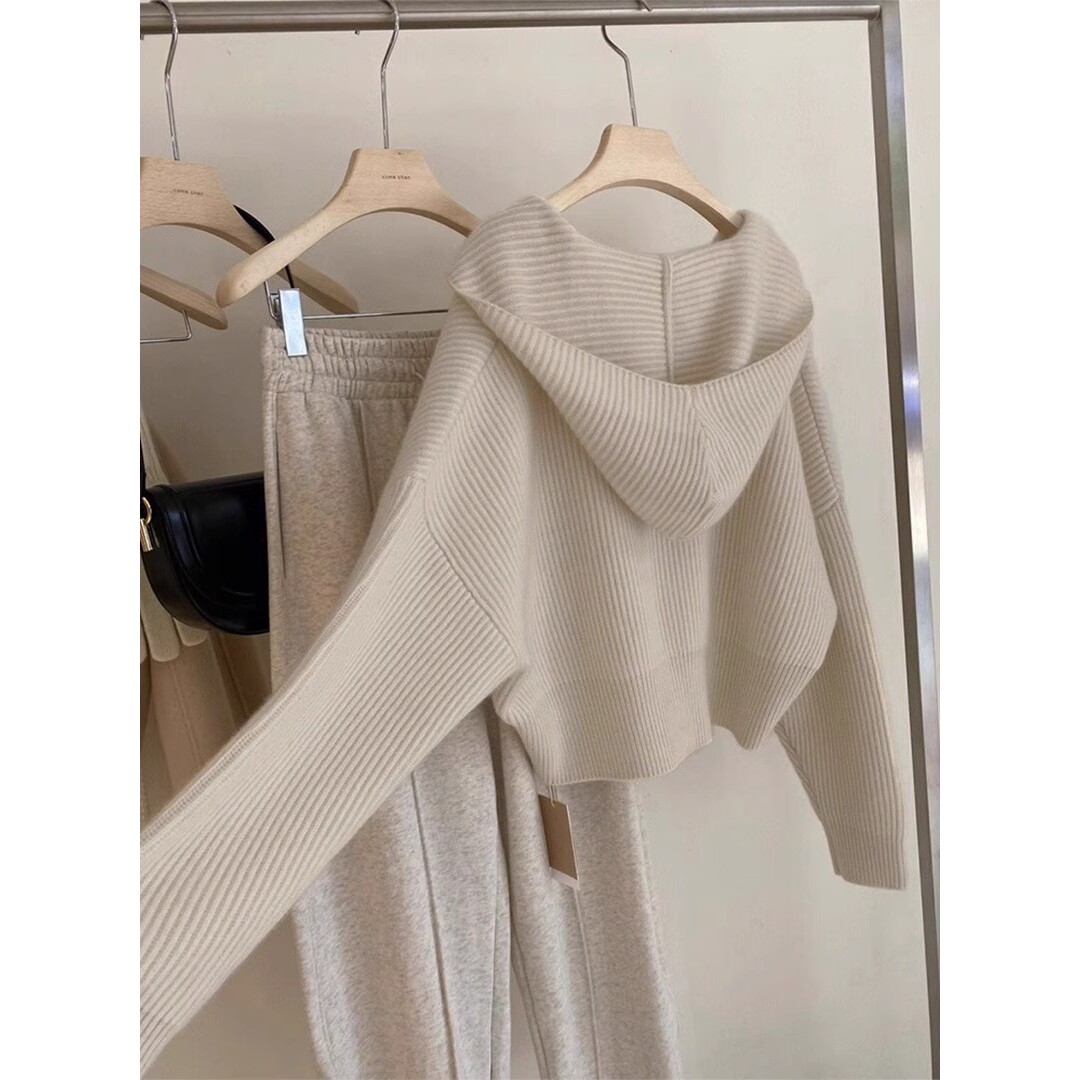 奶fufu连帽毛衣女秋冬宽松小众设计慵懒高级感软糯短款针织衫外套