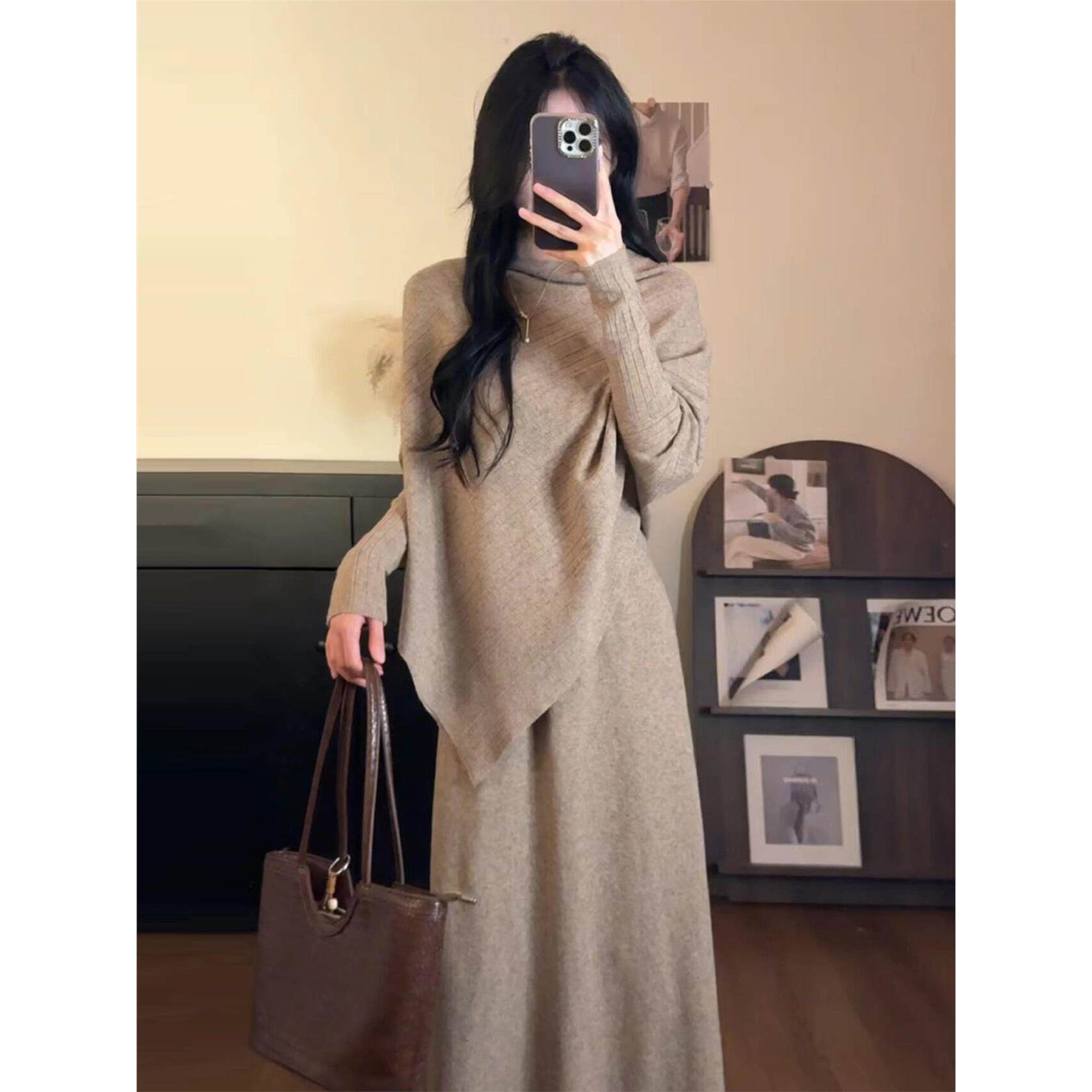 巨好看韩系穿搭一整套2025新款斜肩针织连衣裙子女秋冬季长裙套装