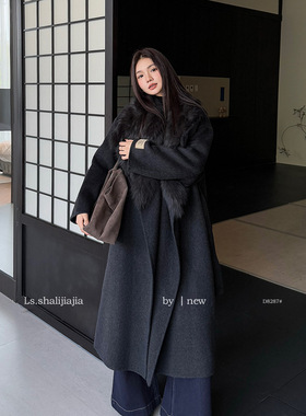 LS述致 狐狸毛领大衣女2025冬新款中长款羊毛外套呢子大衣 D8287#