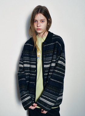 【玳禾】冬季新款休闲圆领羊毛费尔岛浮线提花撞色毛织开衫H9967