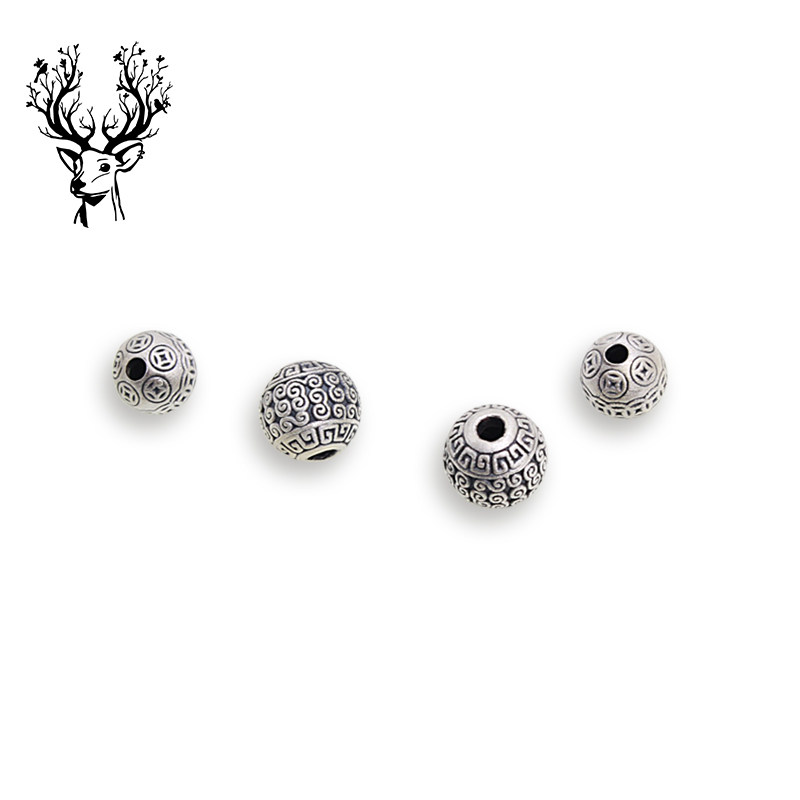 s999足银3d硬银钱币珠diy手工红绳饰品材料梵文招财转运珠隔珠