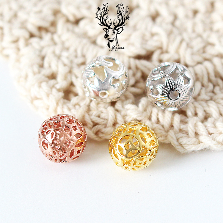 S925纯银镂空穿孔珠DIY手工手链饰品串珠材料散珠钱币花纹隔珠