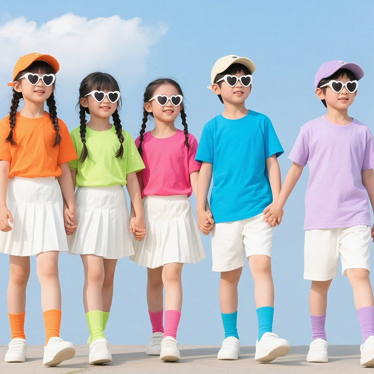 糖果色儿童短袖T恤小学生六一表演彩色短袖幼儿园运动会演出套装