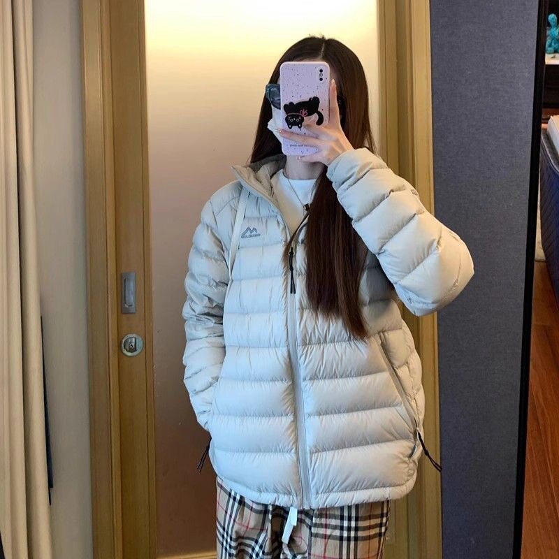 杏色排骨连帽轻薄羽绒棉服女