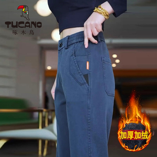 宽松直筒百搭中年长裤 啄木鸟2025休闲裤 新款 秋冬季 子 加绒加厚男士
