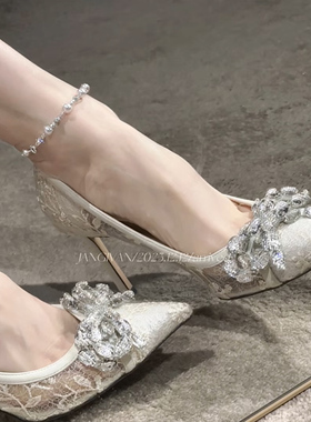柔光蕾丝～江亦晚·绝美蕾丝水钻尖头高跟鞋细跟闪亮单鞋名媛婚鞋