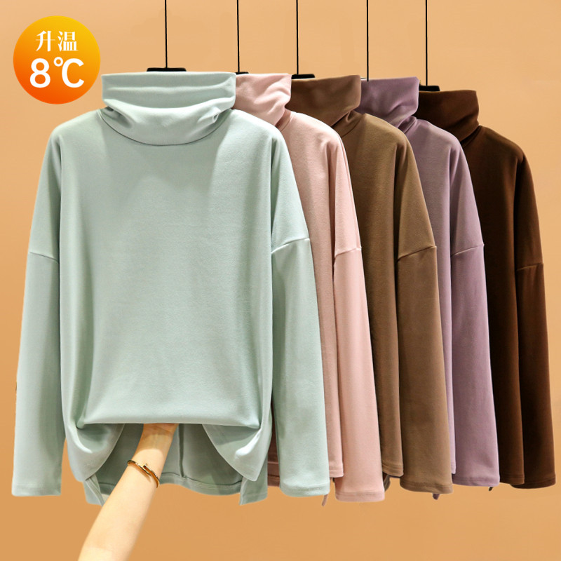 高领磨毛长袖T恤女秋冬德绒保暖内搭打底衫宽松外穿上衣加绒加厚