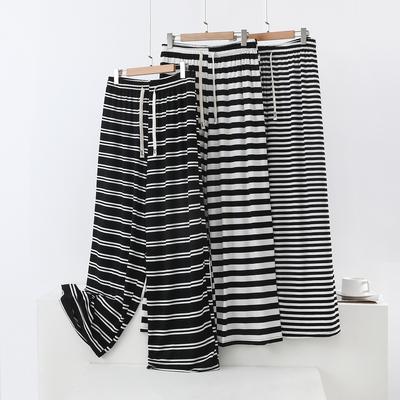 莫代尔黑白条纹休闲裤女春夏薄款宽松阔腿裤大码显瘦直筒裤长裤子