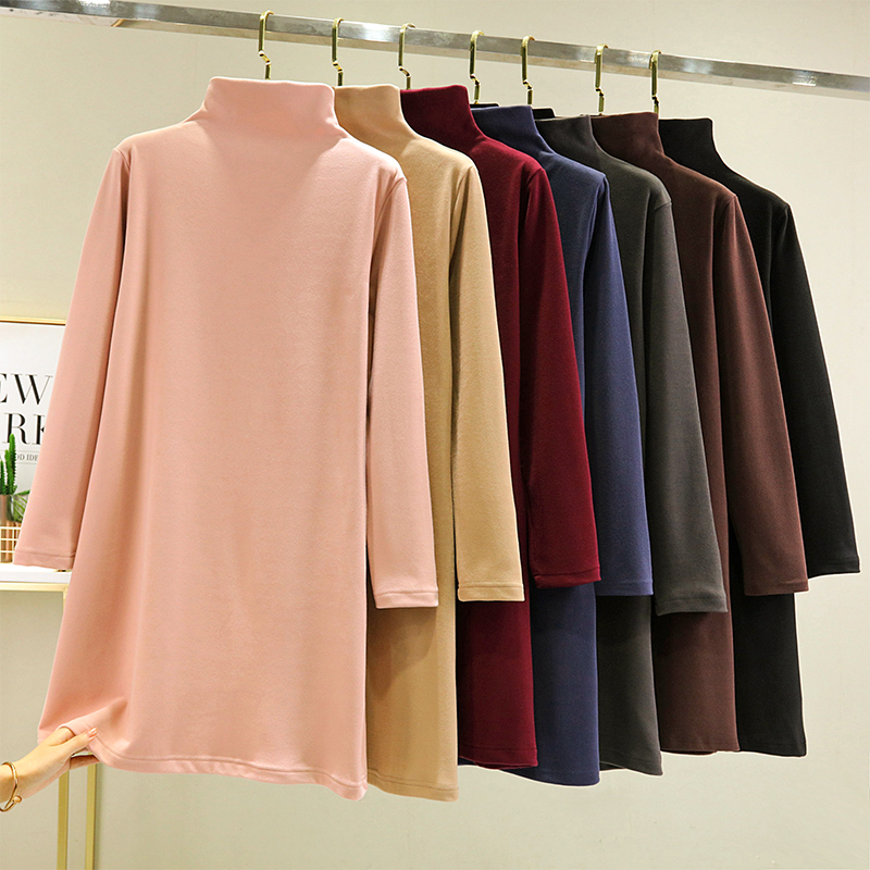 秋冬加绒内搭长袖保暖连衣裙女德绒高领T恤裙中长款打底裙子加厚