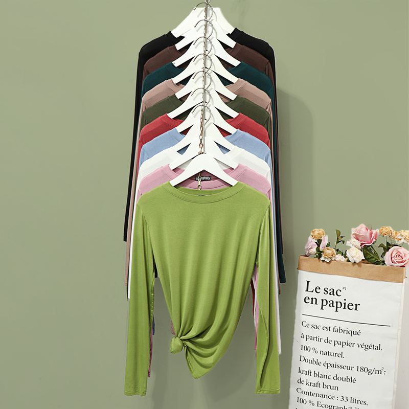 莫代尔通勤打底衫女春秋薄款圆领纯色内搭长袖T恤修身百搭上衣