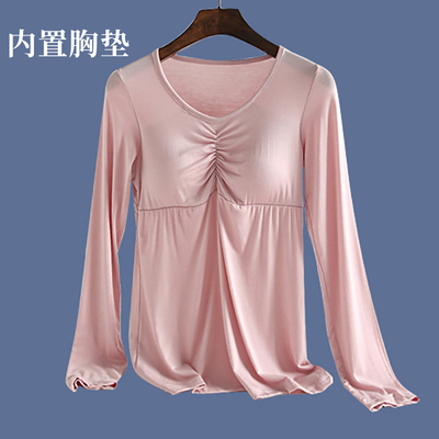 莫代尔胸垫长袖女圆领修身百搭