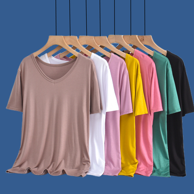 莫代尔宽松V领T恤女夏季薄款短袖外穿上衣大码内搭纯色半袖打底衫