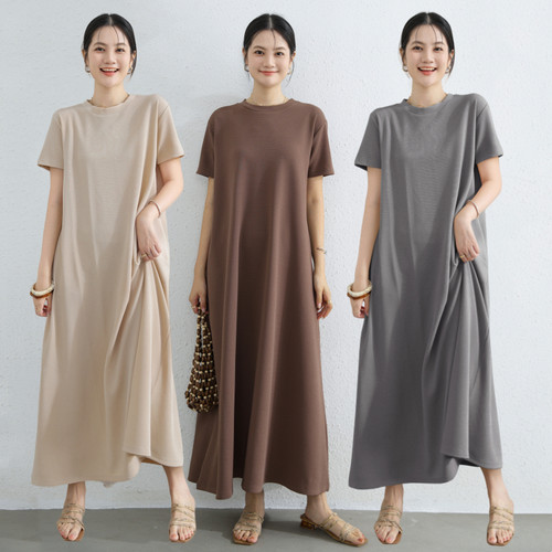 针织圆领大码短袖a字长裙女夏外穿胖mm显瘦简约连衣裙纯色打底裙