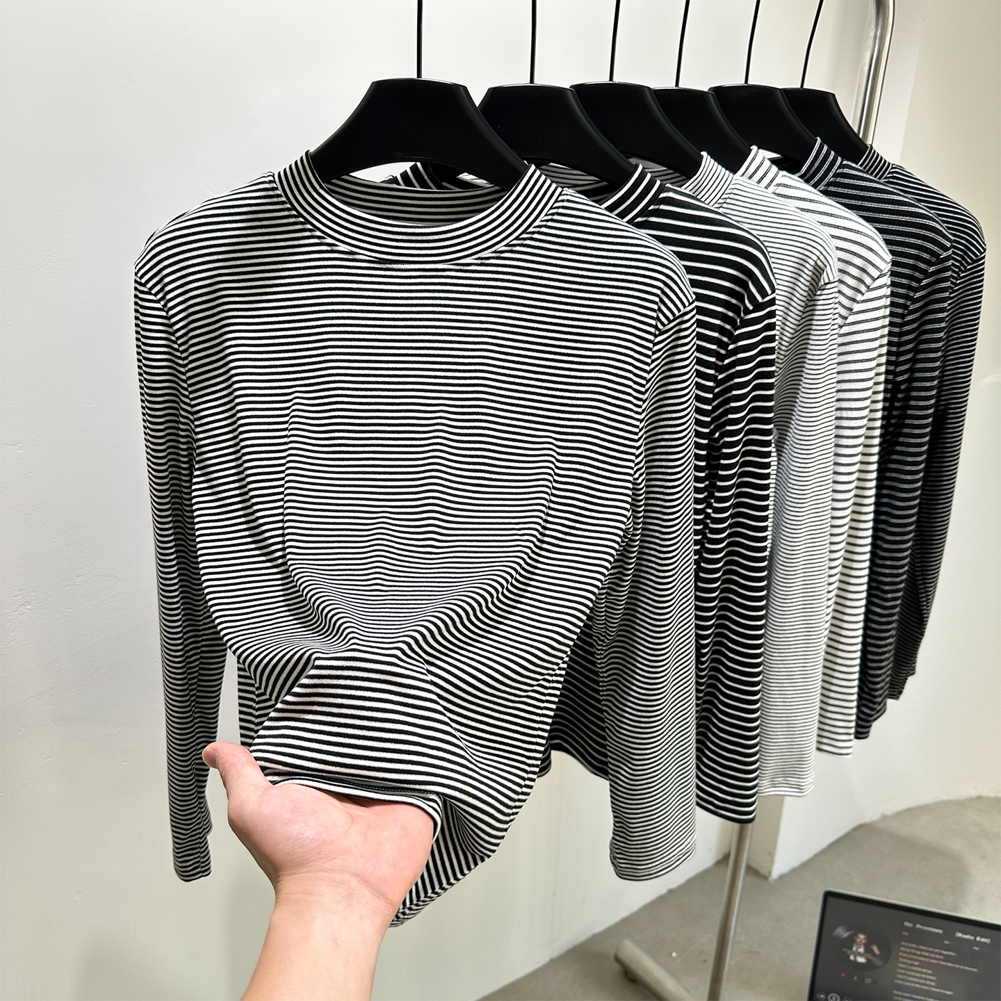 条纹半高领打底衫女士2025新款长袖T恤德绒保暖内衣内搭上衣秋冬