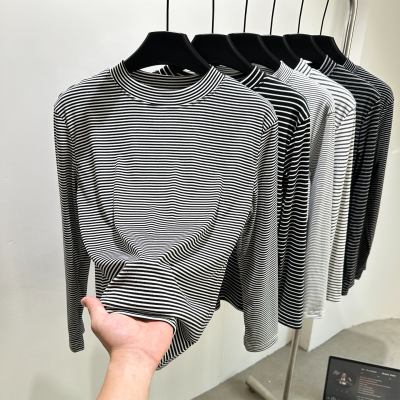 条纹半高领打底衫女士2025新款长袖T恤德绒保暖内衣内搭上衣秋冬