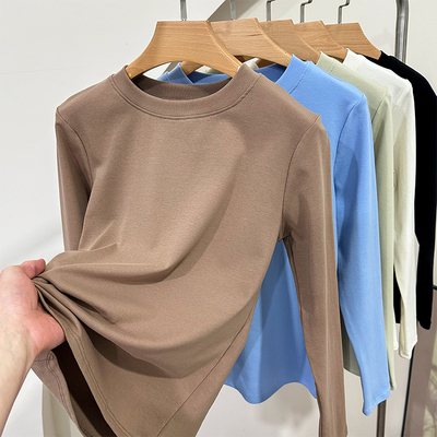 春秋薄款纯棉外穿长袖T恤修身显瘦上衣简约内搭圆领打底衫体恤女