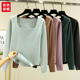 修身 秋冬薄款 加绒打底衫 T恤女修身 纯色上衣 德绒贴身方领内搭长袖