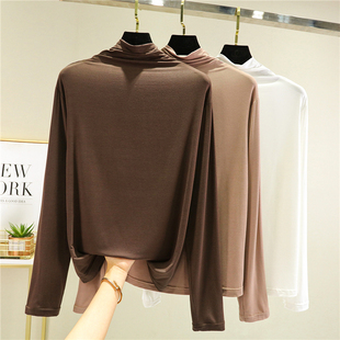 莫代尔内搭半高领打底衫女秋冬长袖T恤宽松秋衣堆堆领纯色薄上衣