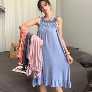 外穿莫代尔方领背心裙女宽松吊带裙荷叶边打底裙显瘦睡裙长裙 夏季