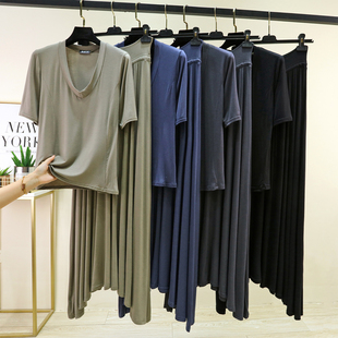 莫代尔V领短袖半身裙两件套女士夏季薄款外穿大码休闲T恤半裙套装