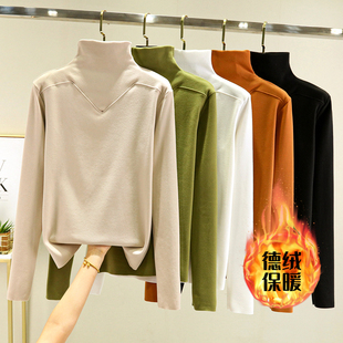 德绒半高领内搭打底衫女秋冬加绒修身长袖T恤大码薄绒显瘦上衣