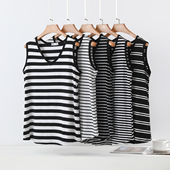 莫代尔V领黑白条纹宽肩吊带背心女士大码 上衣 薄款 内搭打底衫 无袖