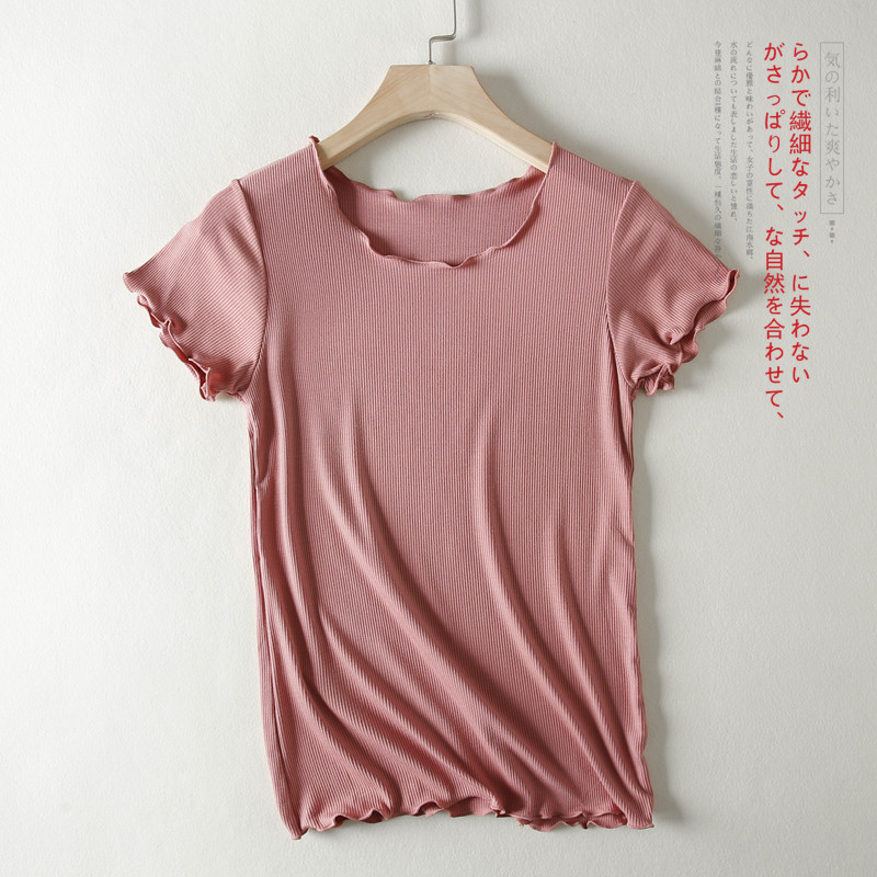 莫代尔针织短袖T恤女夏季薄款木耳边波浪上衣大码半袖洋气打底衫