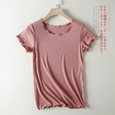 莫代尔针织短袖T恤女夏季薄款木耳边波浪上衣大码半袖洋气打底衫