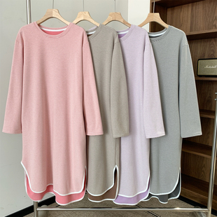 秋冬德绒条纹保暖长裙女士睡裙连衣裙宽松家居裙大码 加绒加厚睡衣