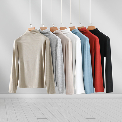 螺纹纯棉半高领长袖T恤女春秋修身显瘦内搭长袖打底衫百搭薄上衣