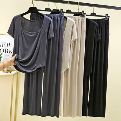 外穿莫代尔短袖长裤套装女夏季薄款家居服纯色显瘦大码休闲两件套