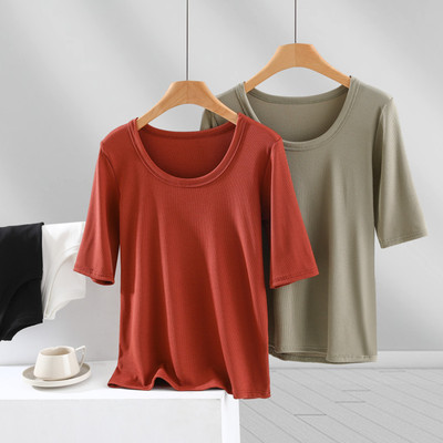 夏外穿莫代尔螺纹短袖T恤女修身简约休闲五分袖打底中袖内搭上衣