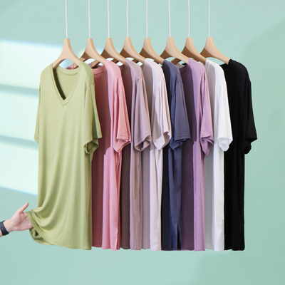 莫代尔V领中长款T恤女夏外穿大码宽松薄款内搭打底衫百搭纯色上衣