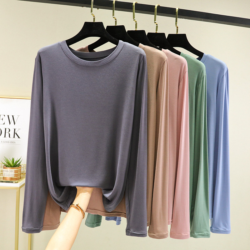 打底衫女春夏薄款长袖防晒上衣外穿圆领T恤百搭纯色宽松体恤衫