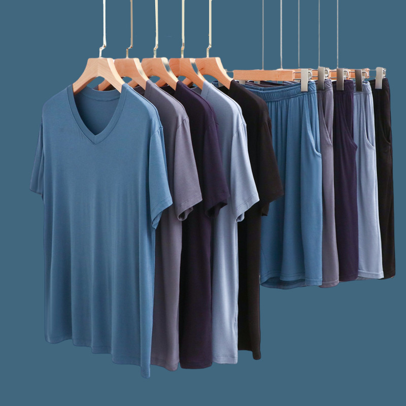 夏季男士莫代尔休闲家居服男套装薄款大码v领短袖睡衣睡裤两件套