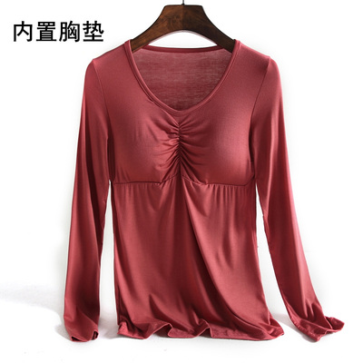 莫代尔带胸垫长袖内搭女春秋薄款修身打底衫纯色圆领家居T恤上衣