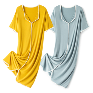 莫代尔翻领短袖家居服连衣裙女夏季可外穿中长款睡裙睡袍薄款睡衣