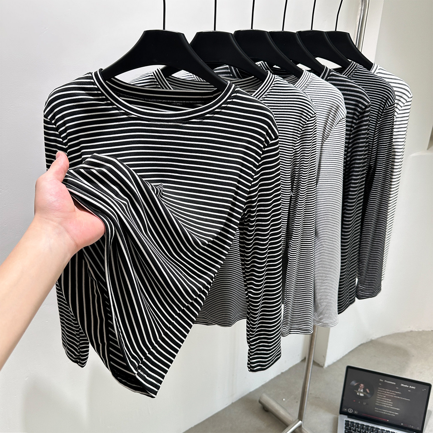 条纹德绒打底衫女秋冬保暖加绒女士内搭2025新款长袖t恤德绒上衣