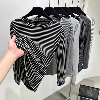 条纹德绒打底衫女秋冬保暖加绒女士内搭2025新款长袖t恤德绒上衣