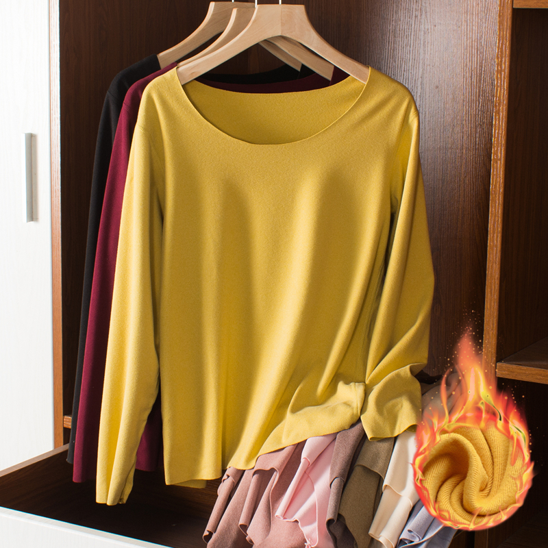 德绒保暖内衣长袖打底衫女秋冬内搭T恤加绒加厚圆领上衣贴身秋衣