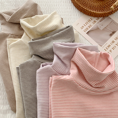 德绒条纹半高领打底衫女秋冬新款双面绒加绒加厚保暖长袖T恤上衣