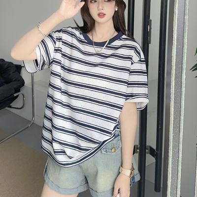 女夏季宽松条纹圆领短袖T恤外穿大码显瘦上衣休闲百搭纯棉打底衫
