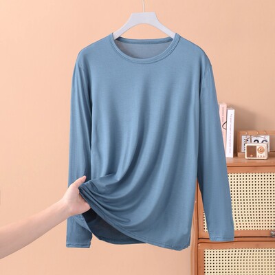 男士莫代尔秋衣大码薄款圆领长袖T恤春秋上衣内搭宽松打底衫纯色