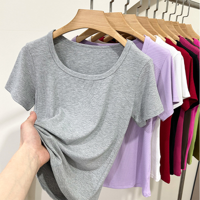 夏装新款低方领露锁骨纯色短袖T恤女修身螺纹棉显瘦正肩打底上衣