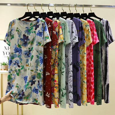 女夏人造棉连衣裙可外穿家居裙薄款睡裙短袖中长款棉绸睡衣妈妈装