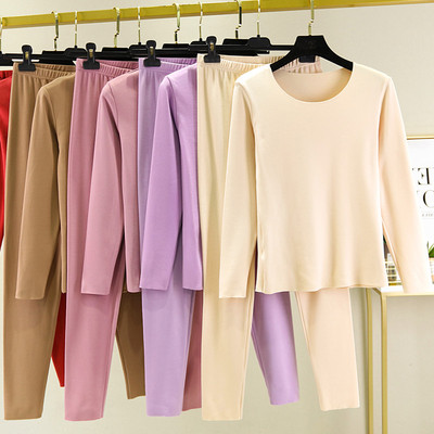 秋冬季德绒无痕保暖套装女士内搭圆领秋衣秋裤贴身加绒加厚两件套