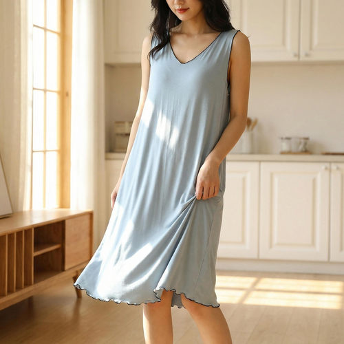 莫代尔V领背心裙宽松睡裙女夏季大码家居服浴袍可外穿薄款连衣裙